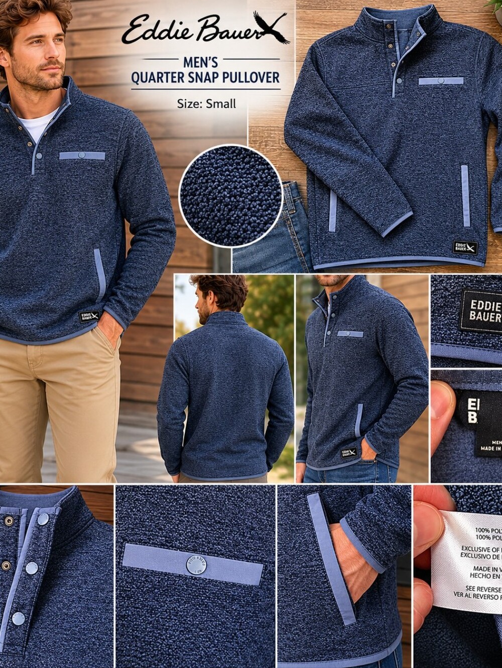 Eddie Bauer Men's Small Quarter Snap Pullover Fleece – Heathered Navy Blue Gorpc